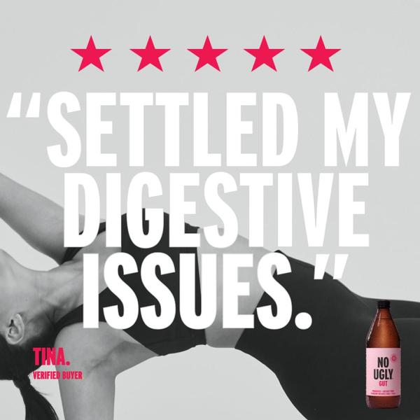 A clean, square-format ad featuring a direct, verified customer review for a gut health drink, using high-contrast typography over a lifestyle image.
